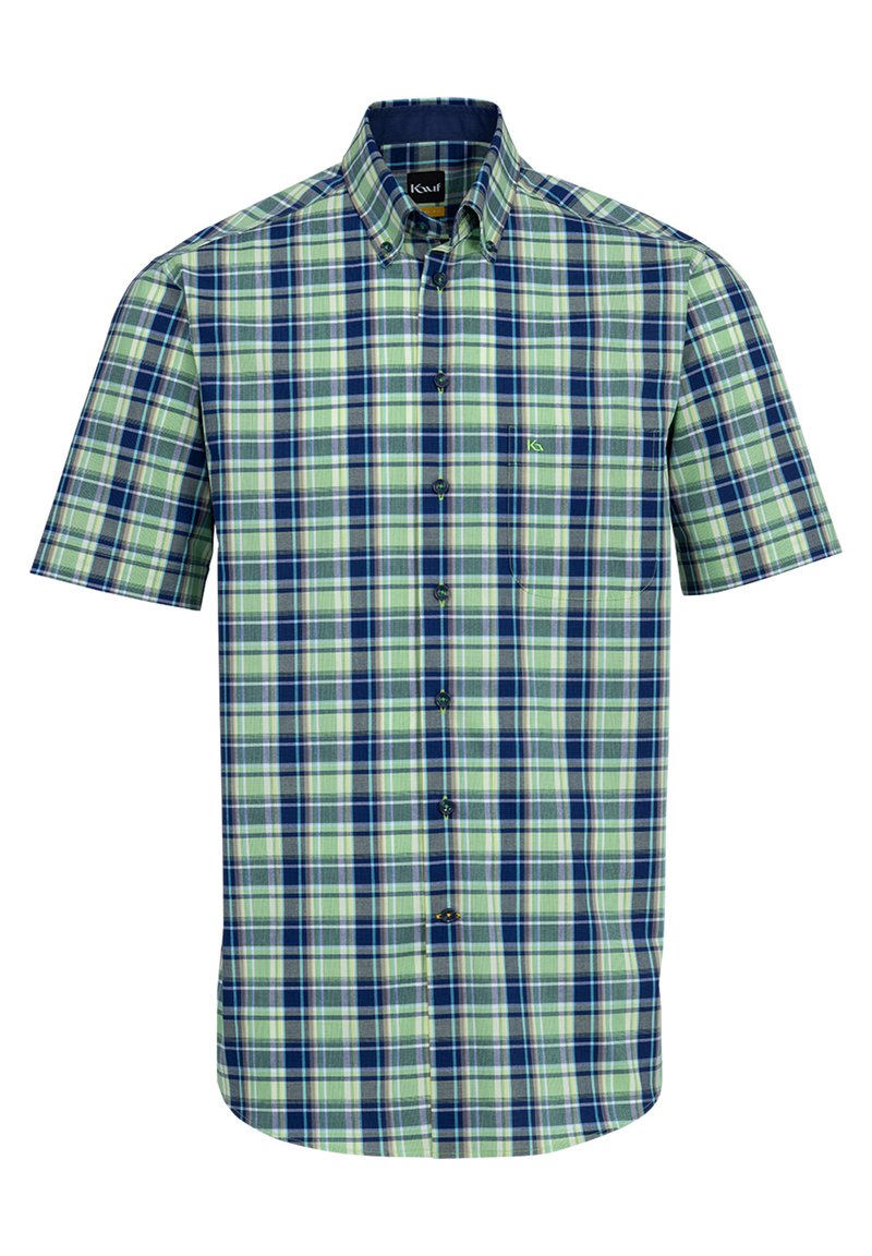 Camicetta a maniche corte con bottoni in un motivo a quadri verde e blu navy. Presenta un colletto, una tasca frontale e bottoni di plastica. Materiale in cotone.