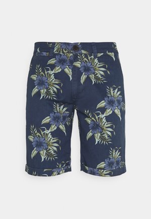 Námorníky modré šortky vyrobené z látky s květinovým vzorem v odstínech fialové a zelené. Otočené manžety na lemu.