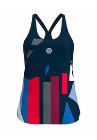 Marineblauwe racerback tanktop met abstracte meerkleurige geometrische patronen in blauw, rood, grijs en wit; heeft een rond logo op de voorkant.