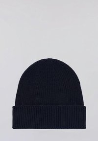 Cappellino a maglia in blu navy scuro con risvolto a coste. Texture liscia con una parte superiore arrotondata aderente. Nessun logo o motivo visibile.