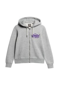 Felpa grigia con zip realizzata in morbido cotone misto, caratterizzata da un design del logo viola, tasche anteriori e un cappuccio regolabile con coulisse.