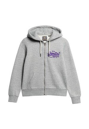 Felpa grigia con zip realizzata in morbido cotone misto, caratterizzata da un design del logo viola, tasche anteriori e un cappuccio regolabile con coulisse.