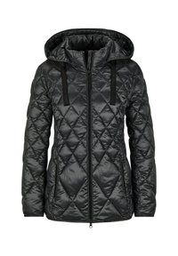 Doudoune noire matelassée avec capuche, ornée de motifs de diamants diagonaux, fermeture éclair à l'avant et accents de cordon sur la capuche.