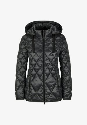 Giacca puffer nera trapuntata con cappuccio, caratterizzata da motivi a diamante diagonali, zip frontale e dettagli con cordoncino sul cappuccio.