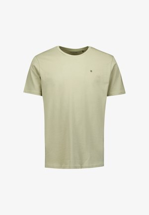 T-shirt en coton vert clair avec un col rond, des manches courtes et un détail de logo minimaliste sur la poitrine. Texture lisse et coupe classique.