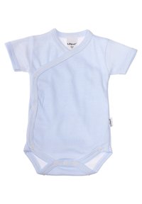 Light blue striped short-sleeve bodysuit with a wrap design, snap closures at the bottom, and a soft cotton texture. Brand label visible.
