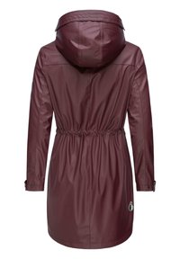 Maroon waterproof jacket with a hood, cinched waist, and long sleeves. Features a smooth texture and a logo at the hem.