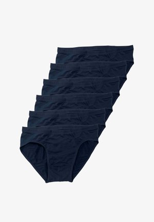 Sette slip in cotone blu navy, con una morbida fascia elastica in vita e una texture liscia e tessuta senza motivi o decorazioni.