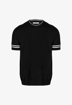 Zwart kort mouwen trui met een ronde hals. Voorzien van witte strepen op de mouwen en een geribbelde zoom voor extra textuur.