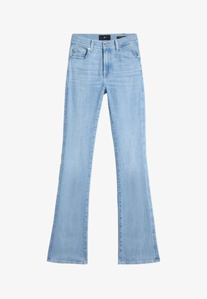 Lichtblauwe denim jeans met een hoge taille, voorzijde met knoop- en ritssluiting, vijf zakken en licht uitlopende pijpen.