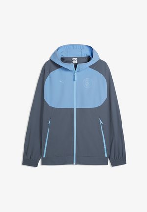 Herren-Zip-Hoodie in Hellblau und Dunkelgrau mit Manchester City- und Puma-Logos auf der Brust.