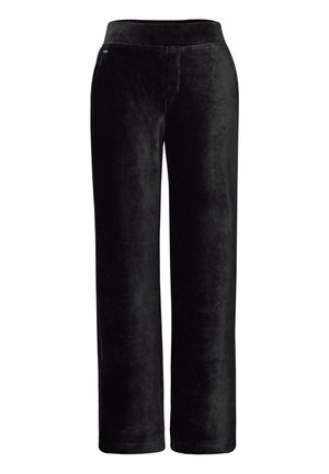 Pantalons en velours côtelé noir avec une texture douce, un design à jambes larges et une taille élastique pour le confort. Pas de poches visibles ni de détails en matériel.