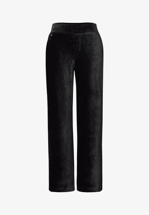 Black corduroy trousers with a soft texture, wide leg design, and an elastic waistband for comfort. No visible pockets or hardware details.