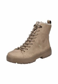 Bottines en suède beige avec des lacets marron, doublure texturée et une semelle en caoutchouc robuste. Présente une fermeture éclair et un détail de logo sur le côté.