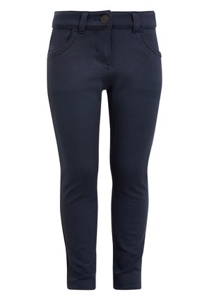Mornarsko modri hlače s slim fit krojem, izdelane iz fleksibilnega materiala. Imajo pet žepov in zapiranje na gumb spredaj. Gladka tekstura z elegantnim dizajnom.
