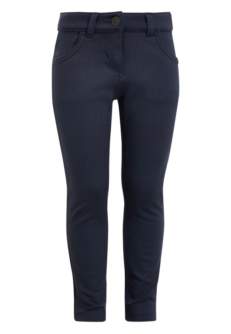 Tummansininen stretch-housut slim fit -mallilla, joissa on nappikiinnitys, kaksi etutaskua ja sileä, teksturoitu kangas.