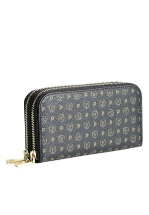 Portafoglio a zip in materiale grigio scuro con motivo a logo e hardware dorato. Due scomparti con zip e design piatto.