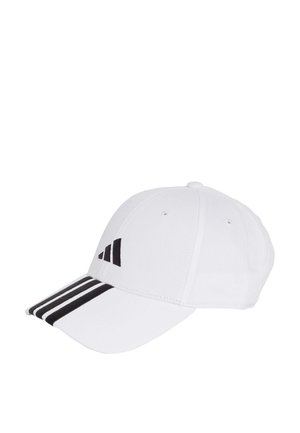 Cappello bianco in cotone con logo ricamato nero e tre strisce nere sulla visiera. Presenta una corona arrotondata e chiusura snapback.