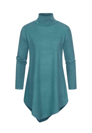 Mėlynos spalvos turtleneko tunika su ilgomis rankovėmis, minkšta tekstūra ir asimetrine apatine dalimi, siūlanti laisvą siluetą ir universalias derinimo galimybes.