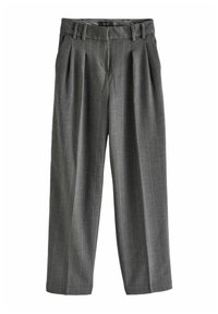 Graue, gefaltete Hose mit einem Streifenmuster, weitem Bein, Stoffgürtelschlaufen und einem strukturierten Bund. Aus leichtem Material gefertigt.