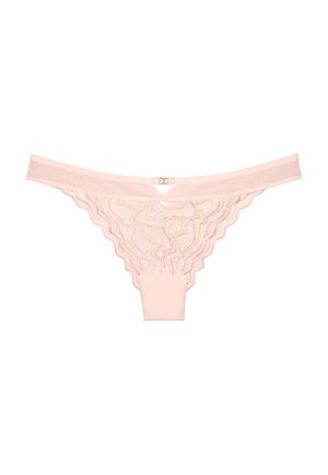 Ροζ δαντελένιο στρινγκ με κυματιστές άκρες, διάφανο λουλουδάτο σχέδιο και μικρή χρυσή διπλή μεταλλική λεπτομέρεια στη μέση της μέσης.