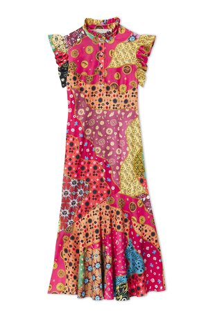 Colorful dress featuring a patchwork design with an array of patterns including florals and geometric shapes; ruffled sleeves with a high collar.