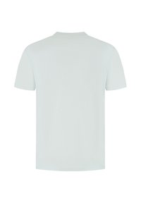 Jasnoniebieska, krótko rękawowa koszulka, wykonana z gładkiej bawełny, z klasycznym okrągłym dekoltem i bez widocznych wzorów czy grafik.