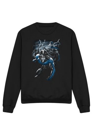 Schwarzer Sweatshirt mit Nightwing in geduckter Pose und Batman, der dahinter steht, mit Blitz und Regen im Hintergrund.
