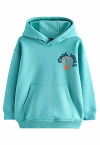Turkos huvtröja med dragsnodd, framficka i kängurustil och broderad text "Cool Vibes" med ett leende ansikte detaljerat på bröstet.