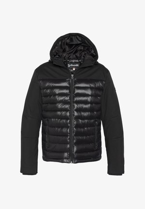 Zwarte geïsoleerde jas met een gewatteerde voorkant en matte stofmouwen. Voorzien van een rits aan de voorkant, een capuchon en zijzakken.