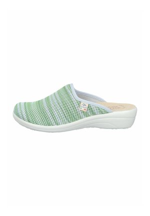 Green and white striped open-back slipper with cushioned sole and a small Fly Flot brand tag on the side.