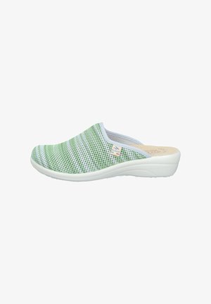 Green and white striped open-back slipper with cushioned sole and a small Fly Flot brand tag on the side.
