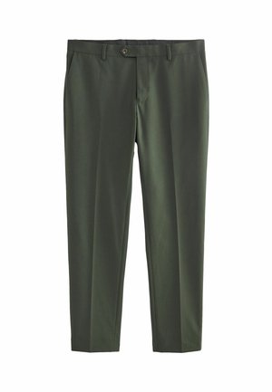 Pantalon vert foncé cintré avec passants de ceinture, fermeture par bouton et jambes droites sur fond blanc.