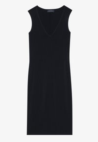 Robe noire sans manches longueur genou avec encolure en V et silhouette ajustée, étiquetée "Anna Field" au niveau du col.
