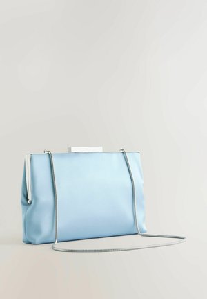 Light blue satin handbag with a structured design, silver chain strap, and metallic hardware detail on top. Smooth texture, sleek shape.