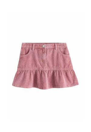 Mini-jupe en velours côtelé rose avec boutons à l'avant, passants de ceinture, deux poches latérales et un ourlet à volants.