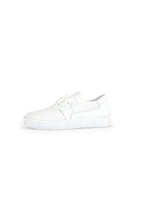 Witte sneaker met een gemêleerde mesh bovenkant, platte veters en een ribbelige rubberen zool. Eenvoudig ontwerp, naadloze neuskap, lichte constructie.