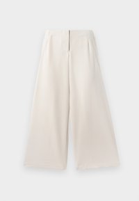 Beige wide-leg trousers made of smooth fabric, featuring a high waist, side pockets, and a clean, minimalist design.