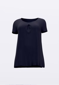 Tengeri kék rövid ujjú felső sima szövetből, lekerekített nyakkivágással, középen egy kis kulcslyuk részlettel.