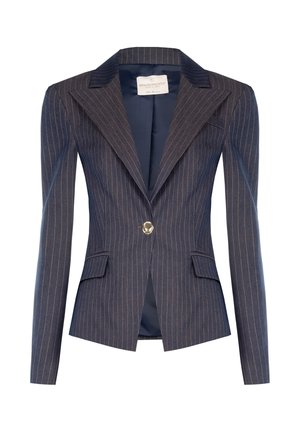 Blazer da donna sartoriale blu navy a righe sottili con colletto a revers, chiusura con un unico bottone dorato e tasche con patta.