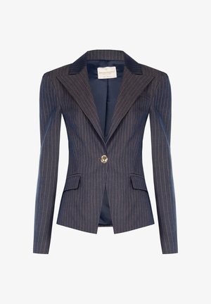 Blazer da donna sartoriale blu navy a righe sottili con colletto a revers, chiusura con un unico bottone dorato e tasche con patta.
