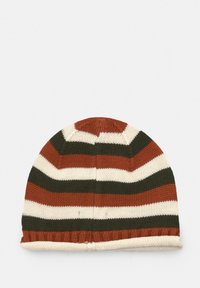 Gestrickte Mütze in vertikalen Streifen aus Rostbraun, Creme und Dunkelgrün. Weiche Textur mit aufgeschlagenem Saum. Abgerundetes Oberdesign.