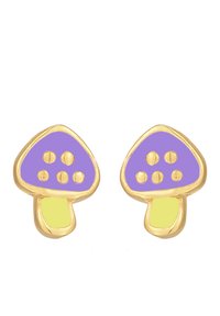 Guld svampeformede øreringe med lilla kapsler, der har tre prikker og gule stilke, der viser en blank finish og legende design.