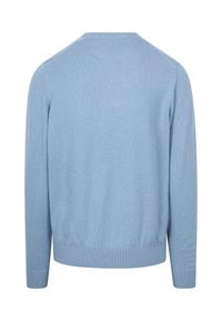 Light blue sweater, ribbed hem and cuffs, round neck, soft knit texture, long sleeves, minimalistic design with no visible patterns or details.