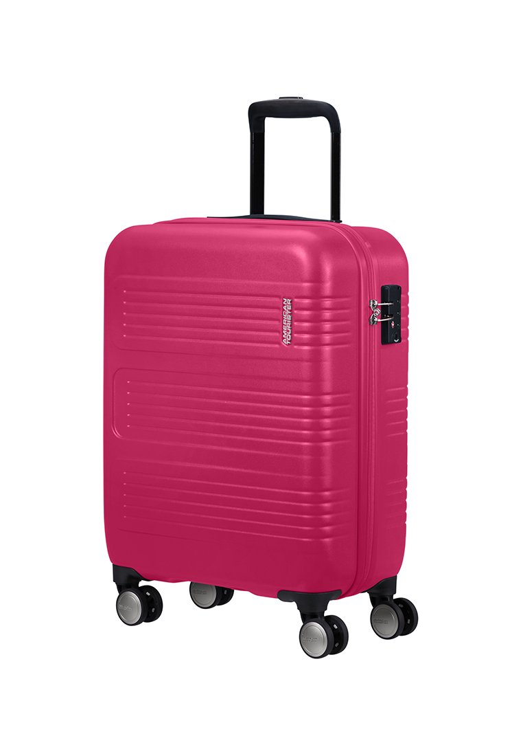 Hartschalenkoffer in Pink mit strukturierten horizontalen Streifen, ausziehbarem schwarzen Griff und vier 360-Grad-Drehrollen für einfache Mobilität.