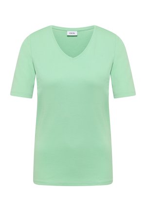 Hellgrünes T-Shirt mit kurzen Ärmeln und V-Ausschnitt, tailliert geschnitten, mit kleinem Etikett innen am Kragen mit der Aufschrift "CECIL".