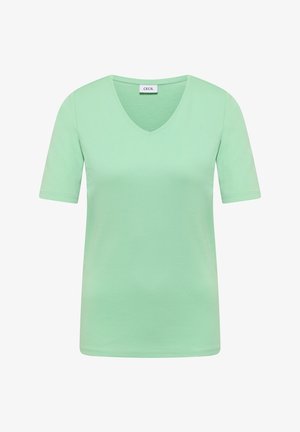 Hellgrünes T-Shirt mit kurzen Ärmeln und V-Ausschnitt, tailliert geschnitten, mit kleinem Etikett innen am Kragen mit der Aufschrift "CECIL".