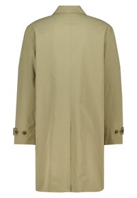Beige mid-length coat with a straight cut, large collar, and buttoned cuffs. Made of smooth fabric with no visible patterns or embellishments.