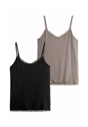 To blonde camisoler med blonder og tynde stropper, én sort og én taupe, vist på en hvid baggrund.
