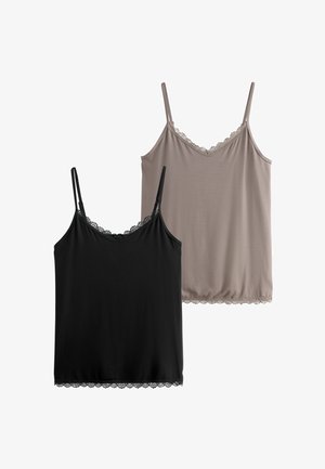 Deux camisoles à fines bretelles ornées de dentelle, une noire et une taupe, présentées sur un fond blanc.